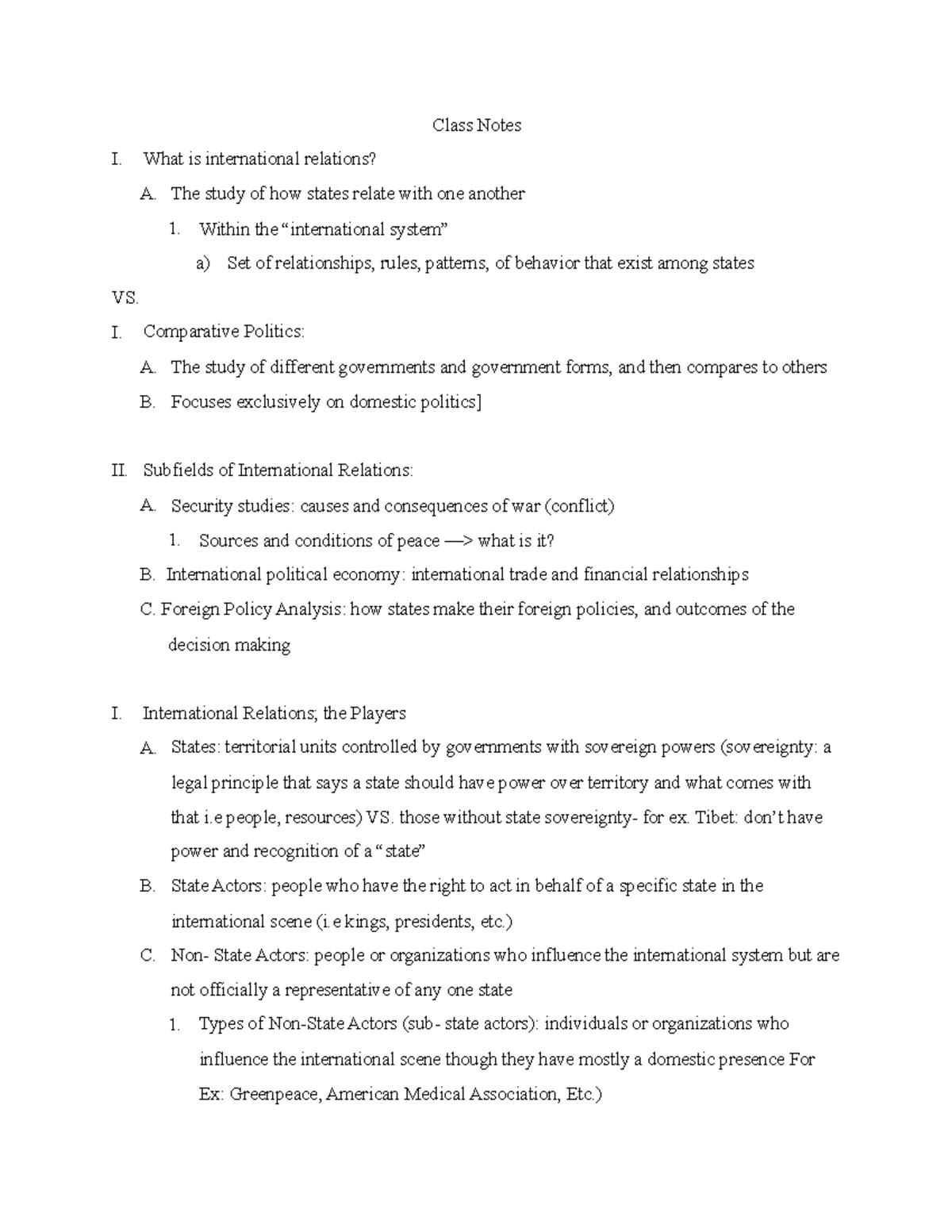 Class Notes Sept. 10 - Class Notes What is international relations? I ...