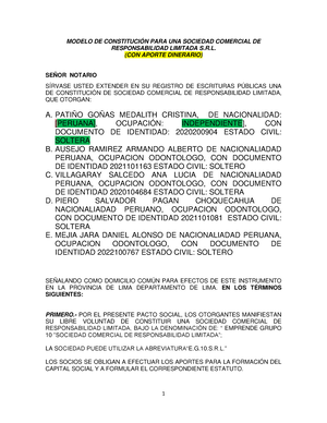 Formato de Minuta SRL efectivo Grupo 10 - MODELO DE CONSTITUCIÓN PARA UNA  SOCIEDAD COMERCIAL DE - Studocu