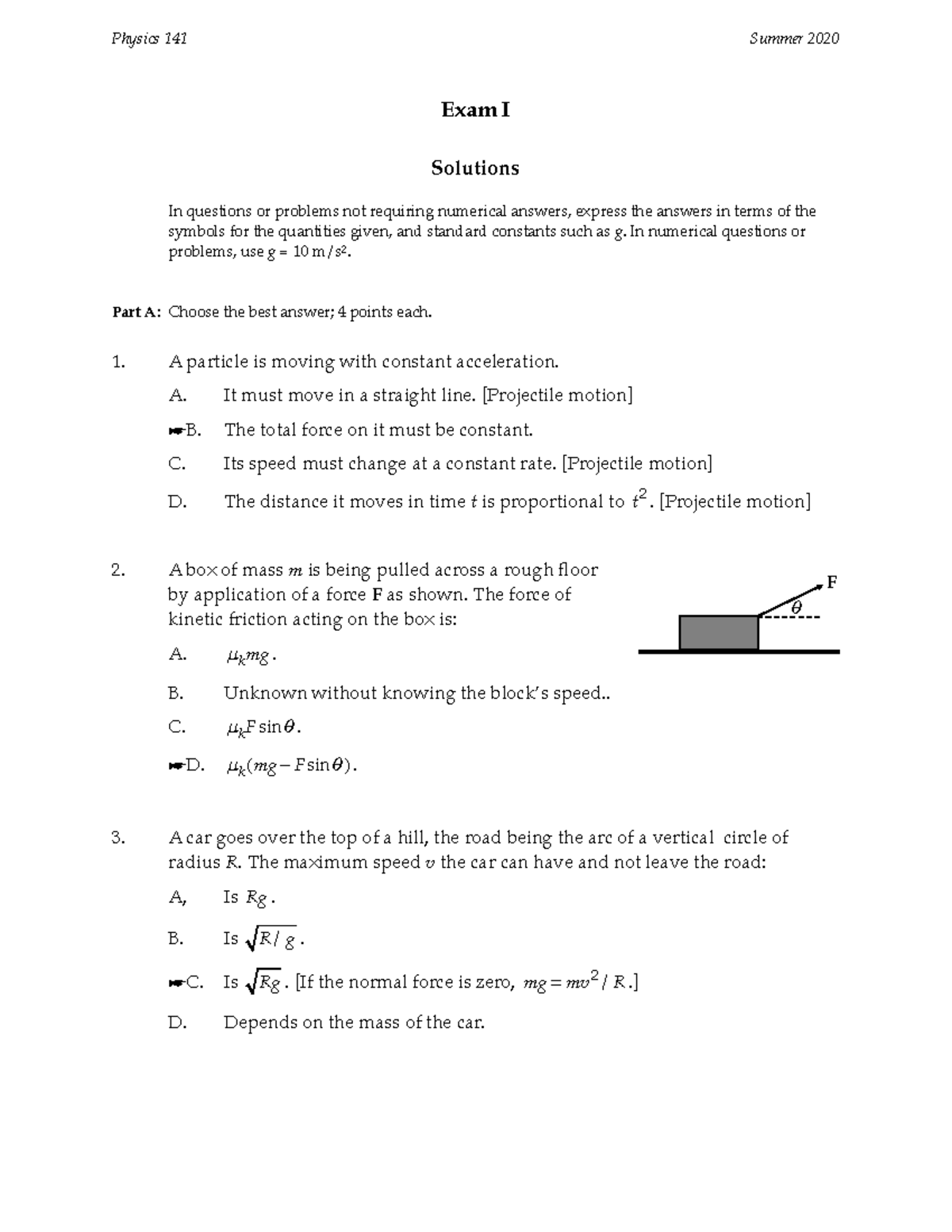 Su20EIS - Physics 141 Practice material - Exam I Solutions In questions ...