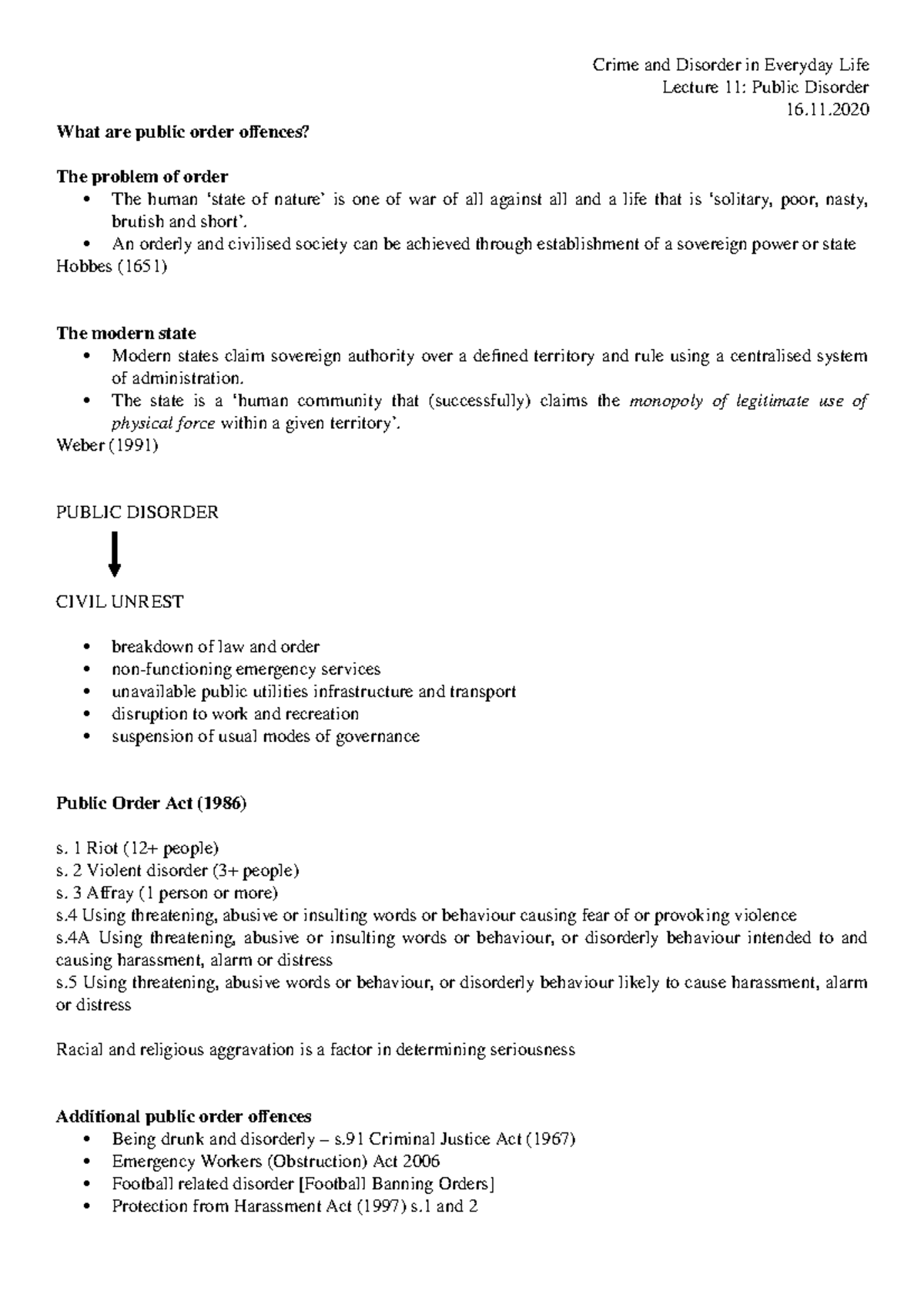 11 - Public Disorder - Lecture notes 11 - Crime and Disorder in ...