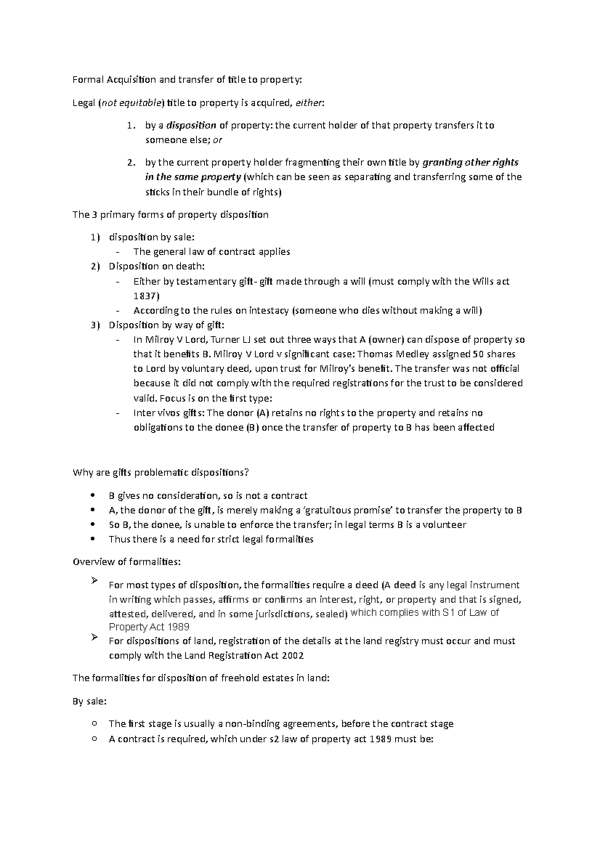 Formal Acquisition and transfer of title to property - a disposition of ...