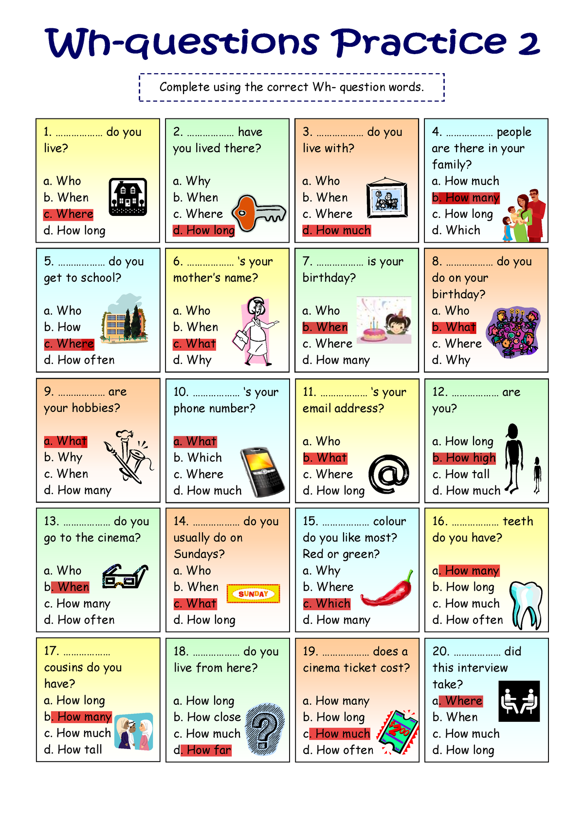 Wh- question worksheet #2 - Complete using the correct Wh- question ...