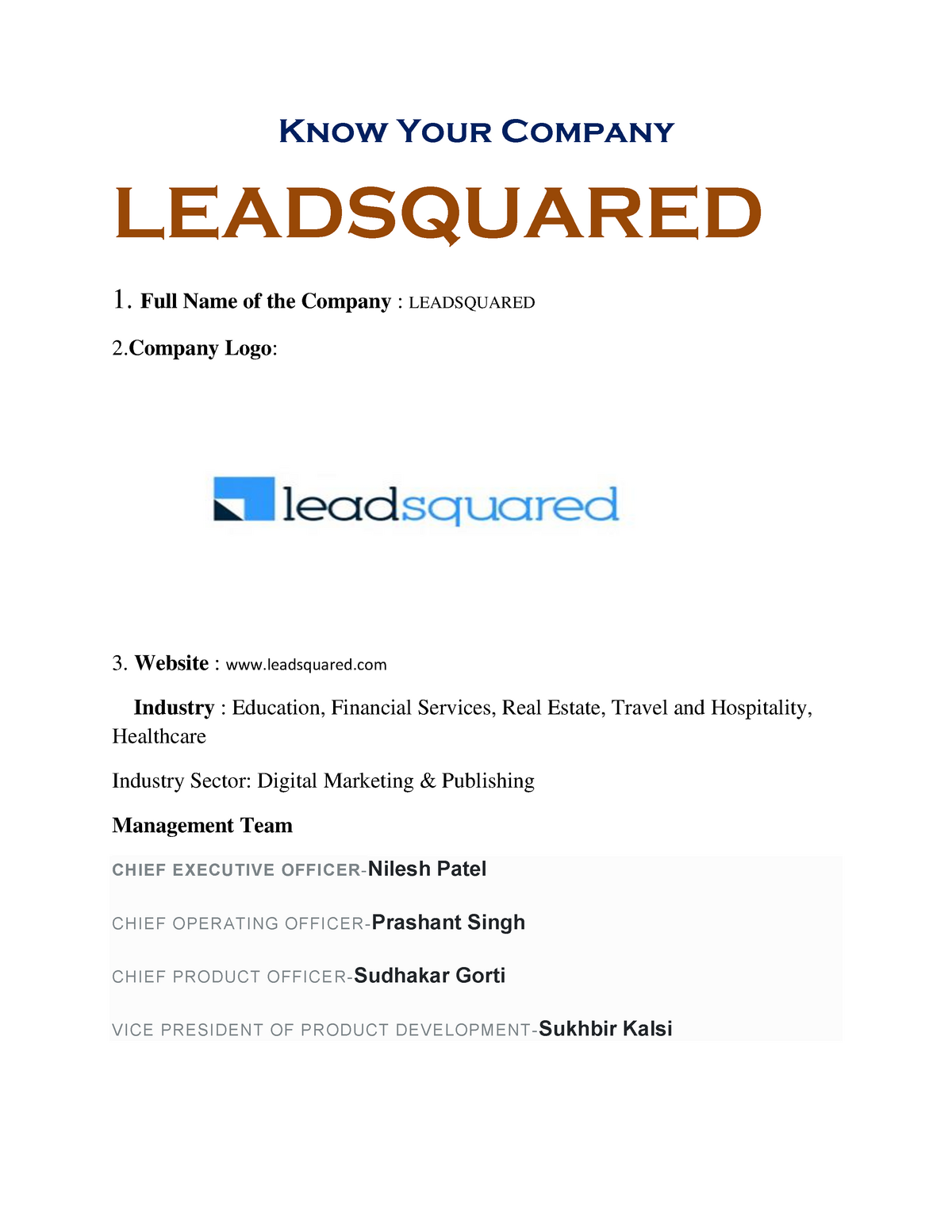 Lead Squared KYC - Warning: TT: undefined function: 32 Know Your Company  LEADSQUARED 1. Full Name of - StuDocu