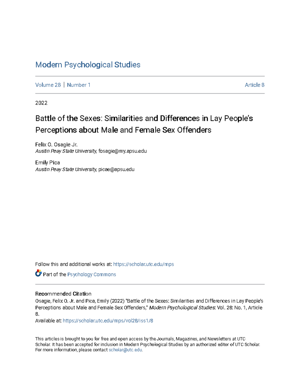 Perceptions OF Female AND MALE SEX Offenders - Modern Psychological ...