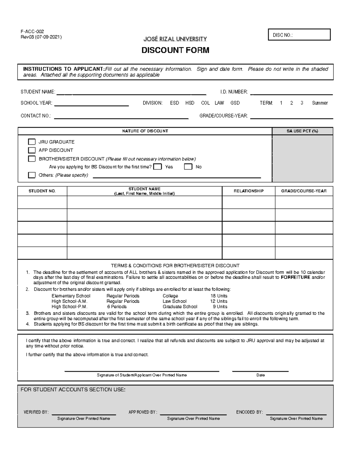 F-ACC-002- Discount Formrev 03 Lecture Notes 2021 - F-ACC- 002 Rev03 ...