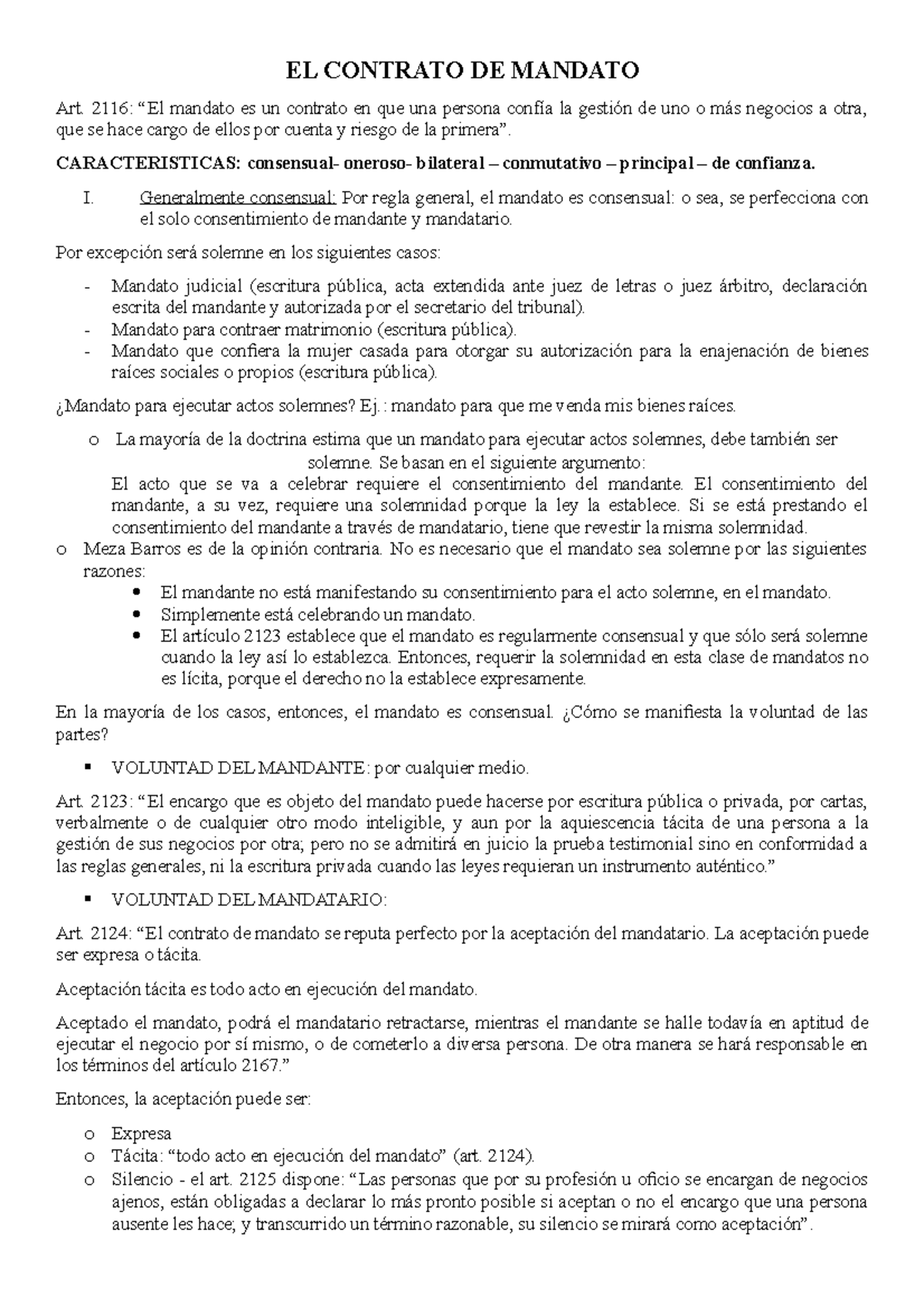 Contrato de mandato, fianza, hipoteca y varios - EL CONTRATO DE MANDATO  Art. 2116: “El mandato es un - Studocu