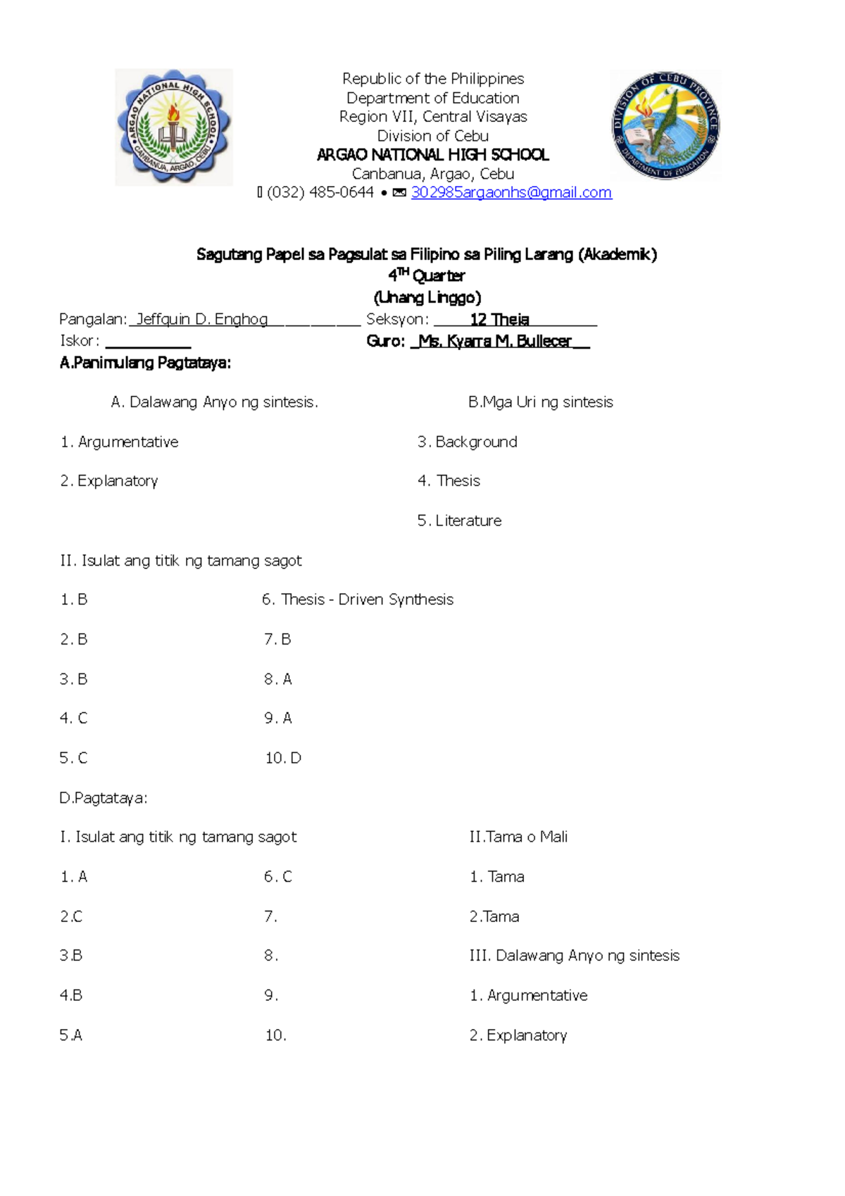 Gawain 1 4th Quarter Republic Of The Philippinesdepartment Of Education Region Vii Central 0616