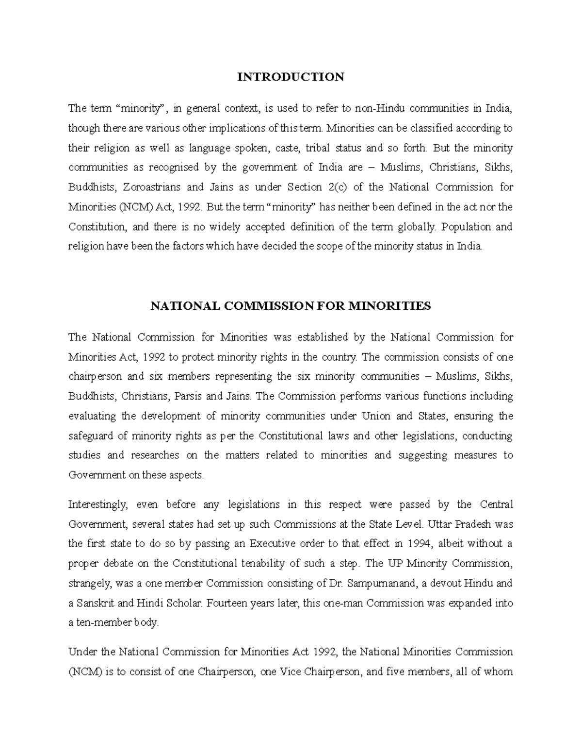 Protection of Minorities - INTRODUCTION The term “minority”, in general ...