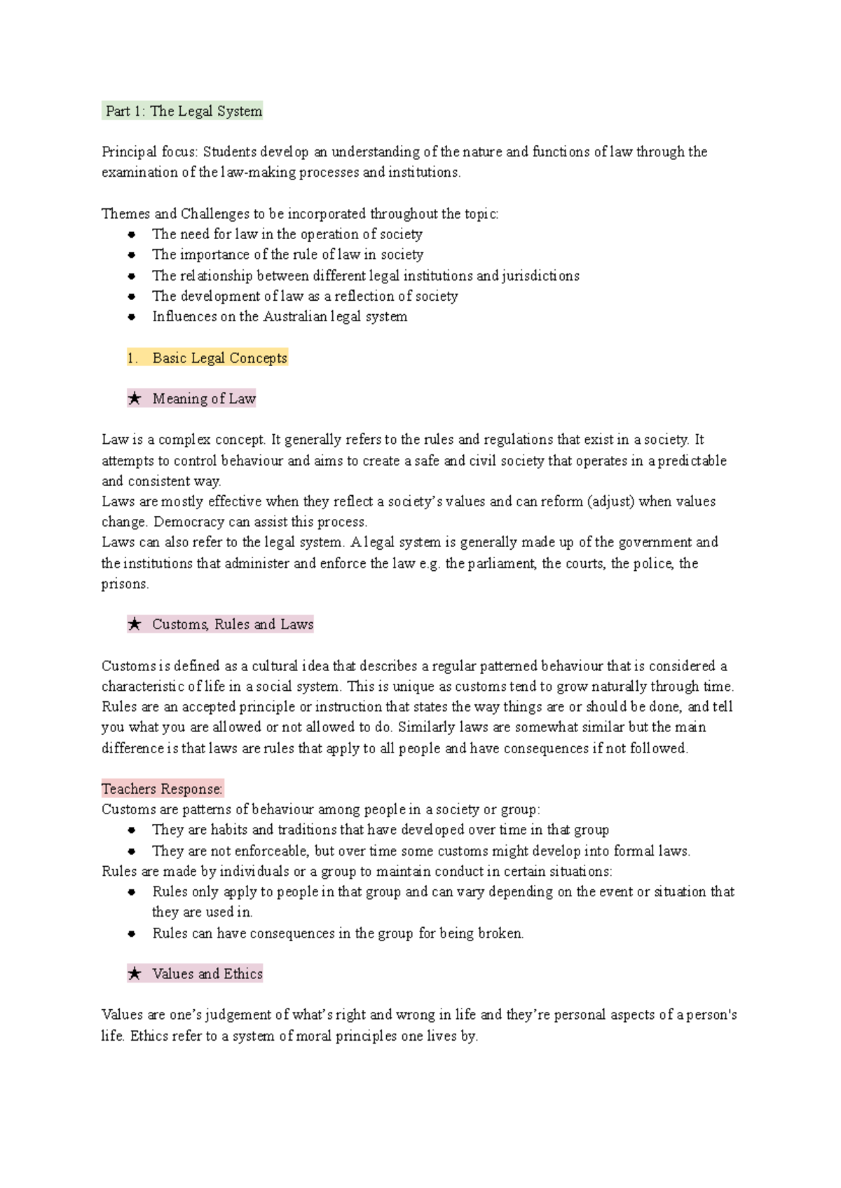 Preliminary legal studies notes - Part 1: The Legal System Principal ...