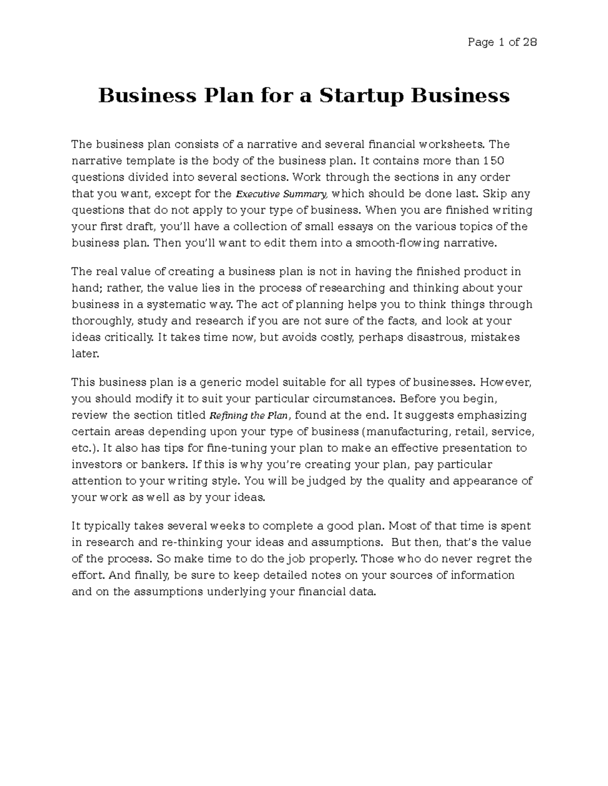 Business PLAN - Page 1 of 27 Business Plan for a Startup Business The ...