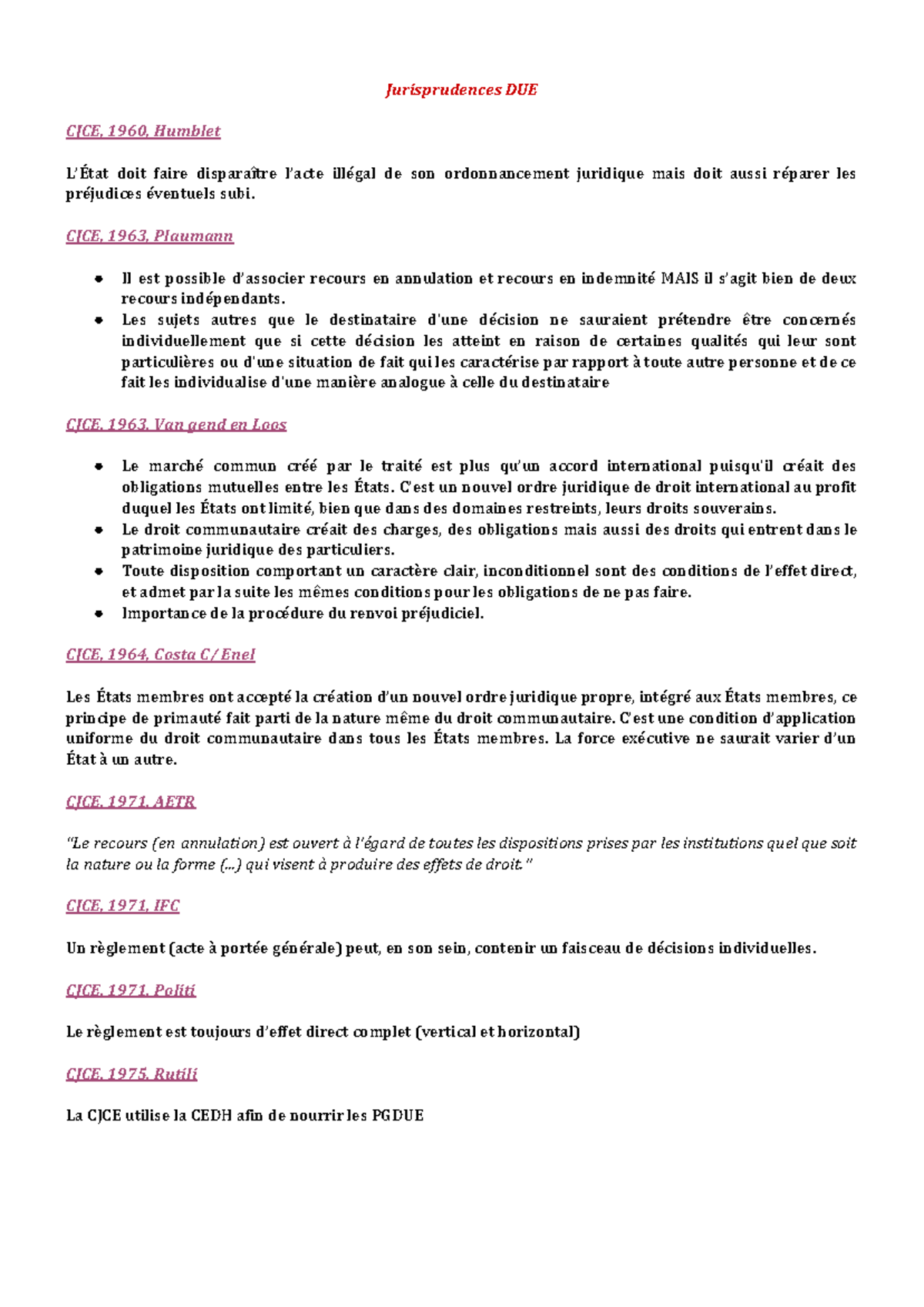 JP Droit UE - JCP de Cours D.UE 2023/24 - Jurisprudences DUE CJCE, 1960 ...