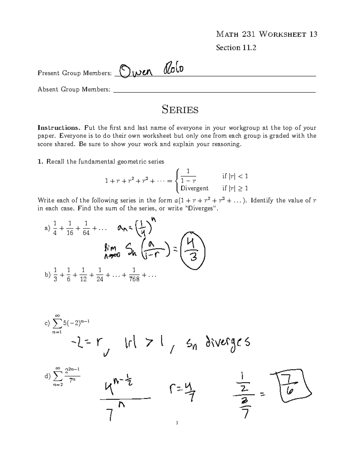 MATH 231 WS13 (11 - exams and worksheets - Math 231 Worksheet 4FDUJPO ...