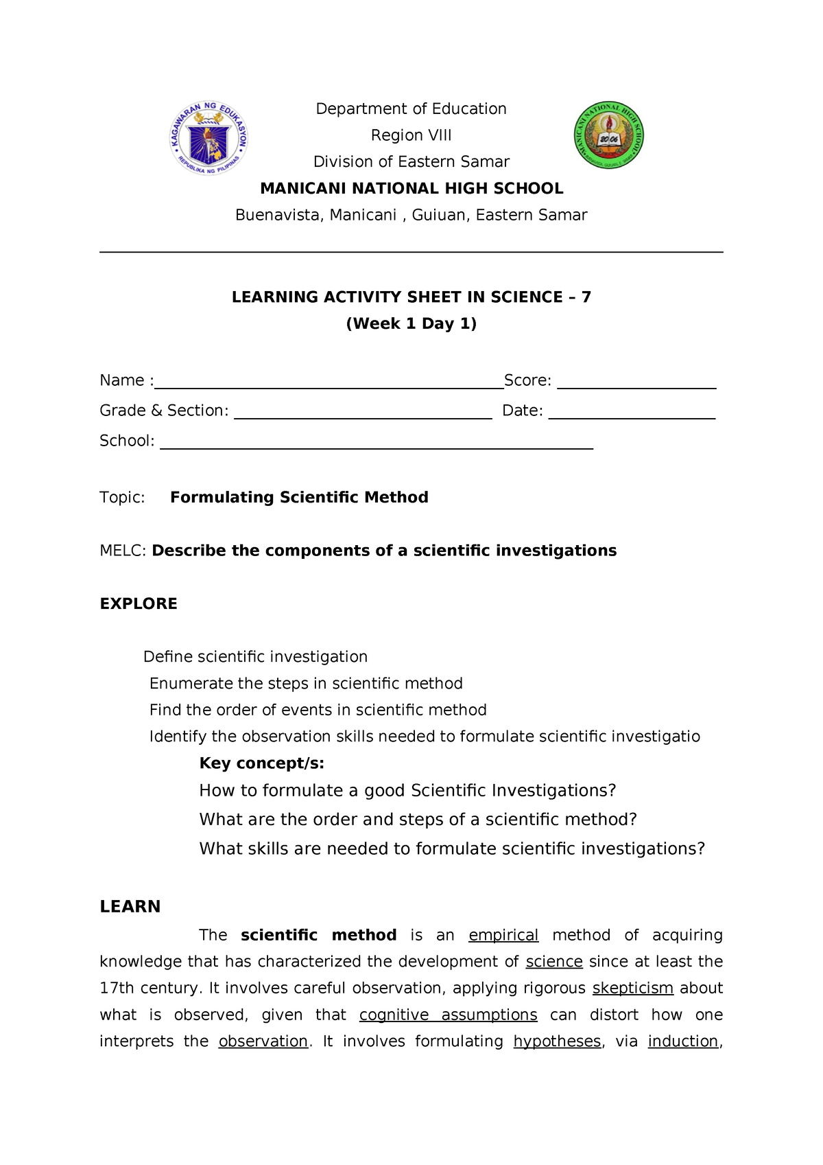 Science 7 Learning Act Sheet Q1W1 D1   Department Of Education Region