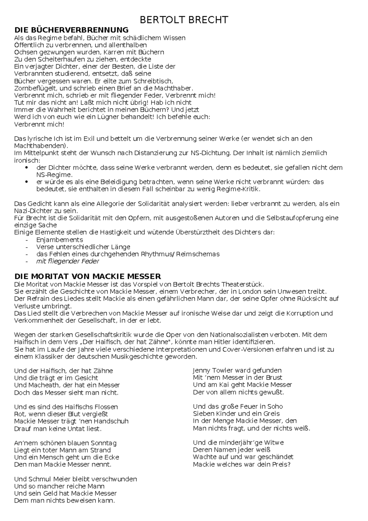Bertold brecht - BERTOLT BRECHT DIE BÜCHERVERBRENNUNG Als das Regime ...