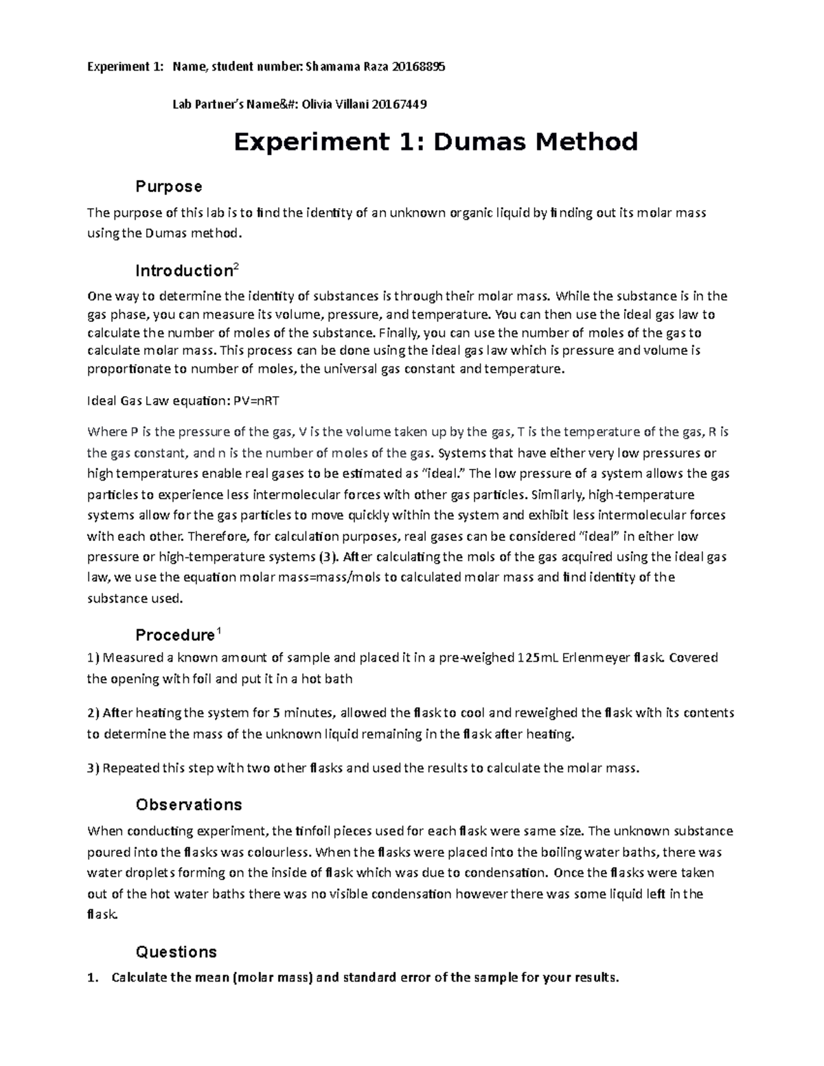 Dumas Method Chem Lab - Experiment 1: Name, student number: Shamama ...