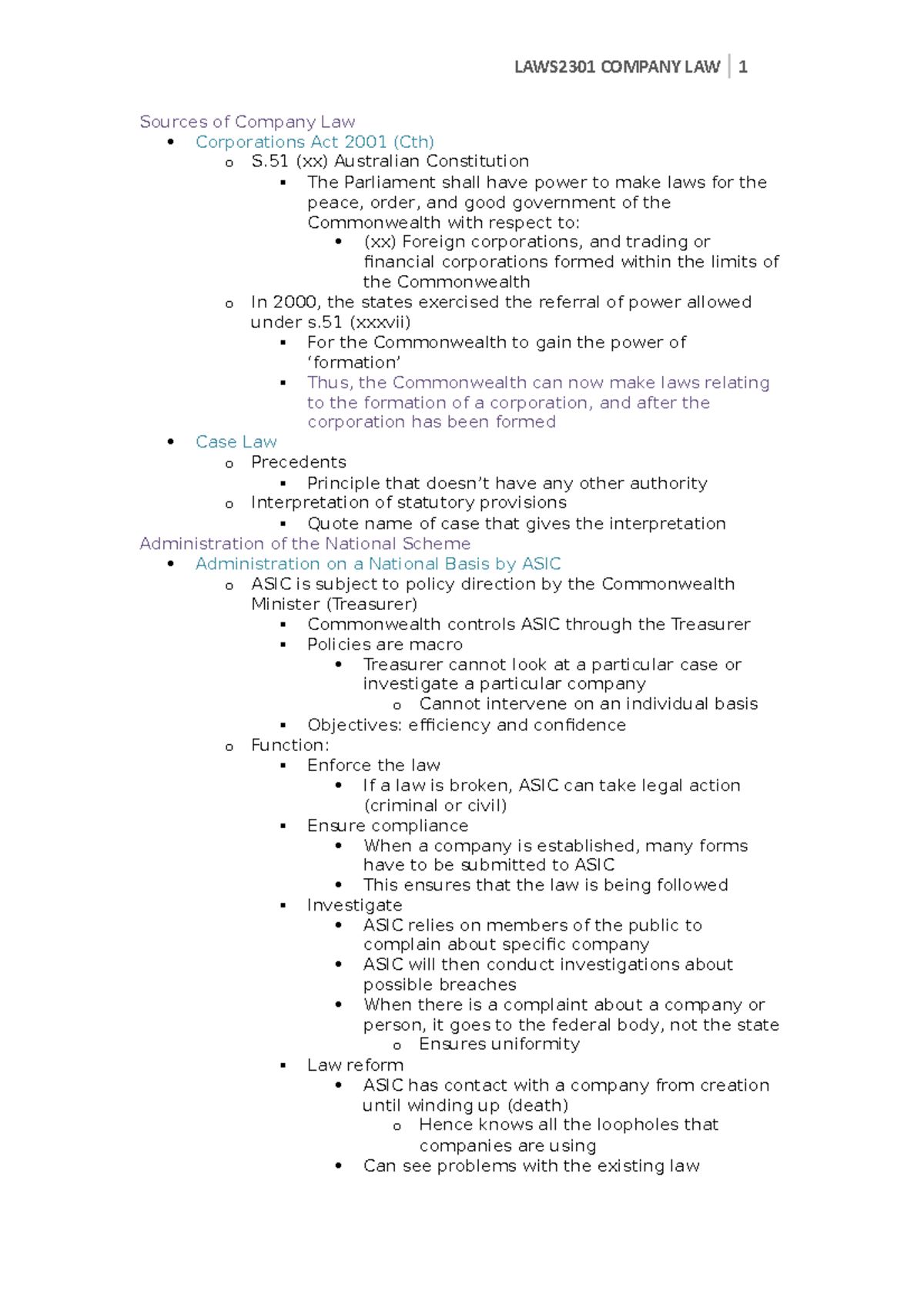 LAWS2301 Company Law - Lecture notes All - LAWS2301 COMPANY LAW 1 ...