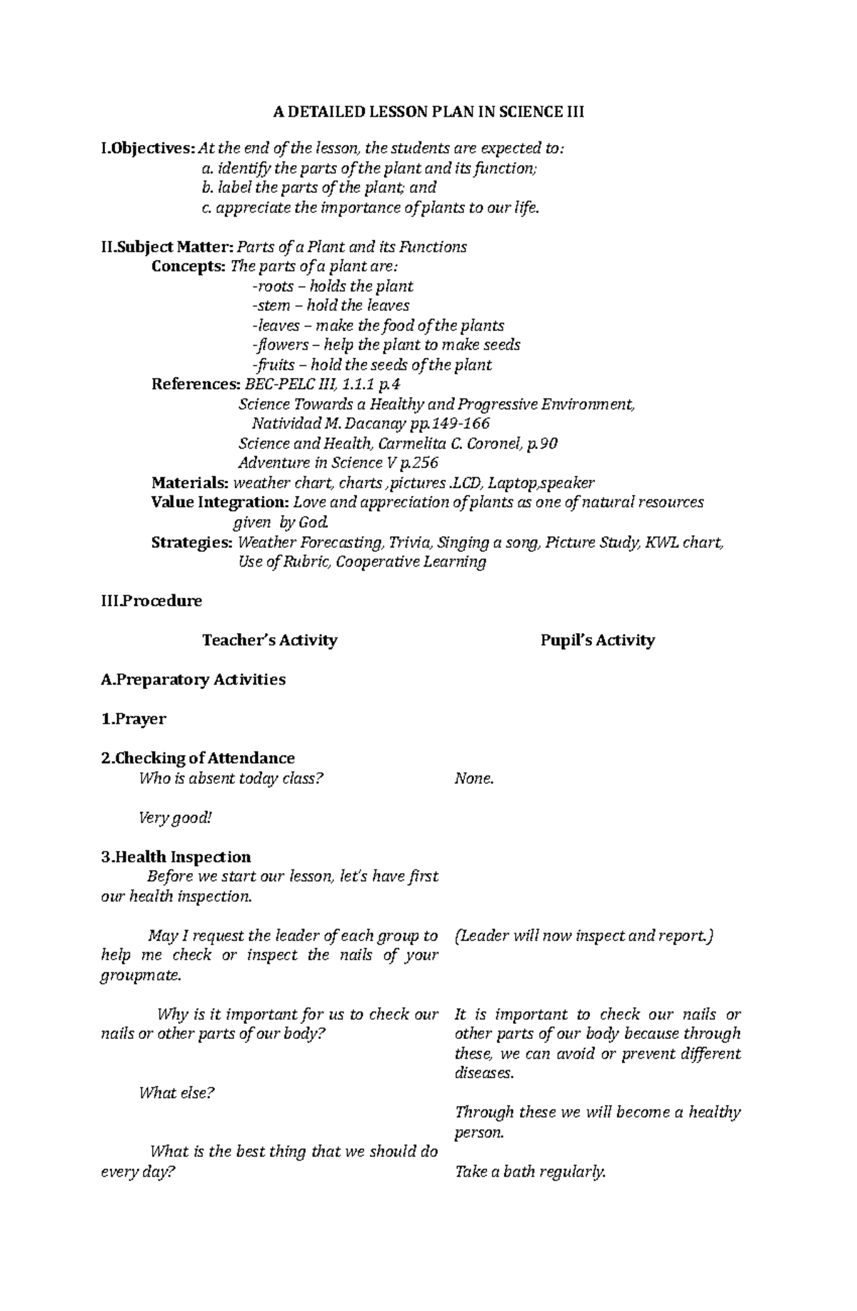 Miss Mendiola A Detailed Lesson Plan In Science Iii A Detailed Lesson Plan In Science Iii I 7012