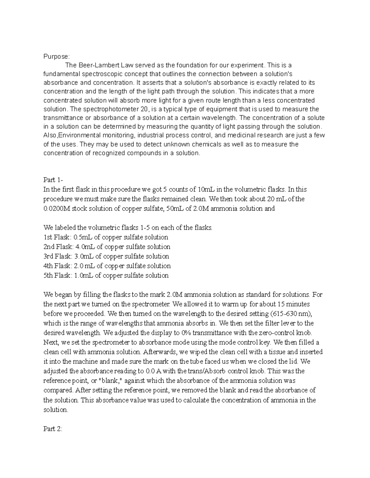 Visable this is a lab report on the visible light lab Purpose The BeerLambert Law served