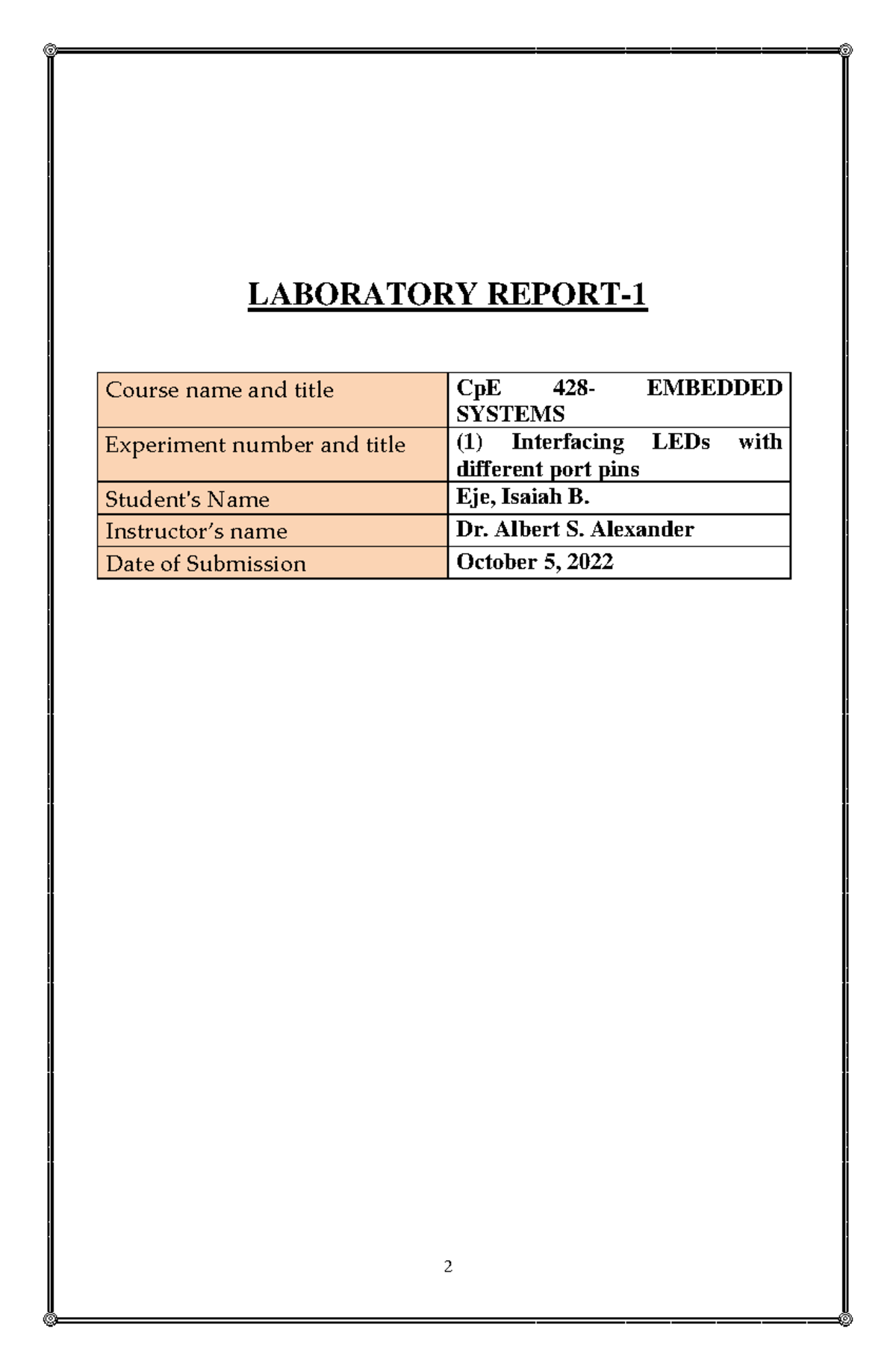15 Lab 1 - N/A - LABORATORY REPORT- Course name and title CpE 428 ...