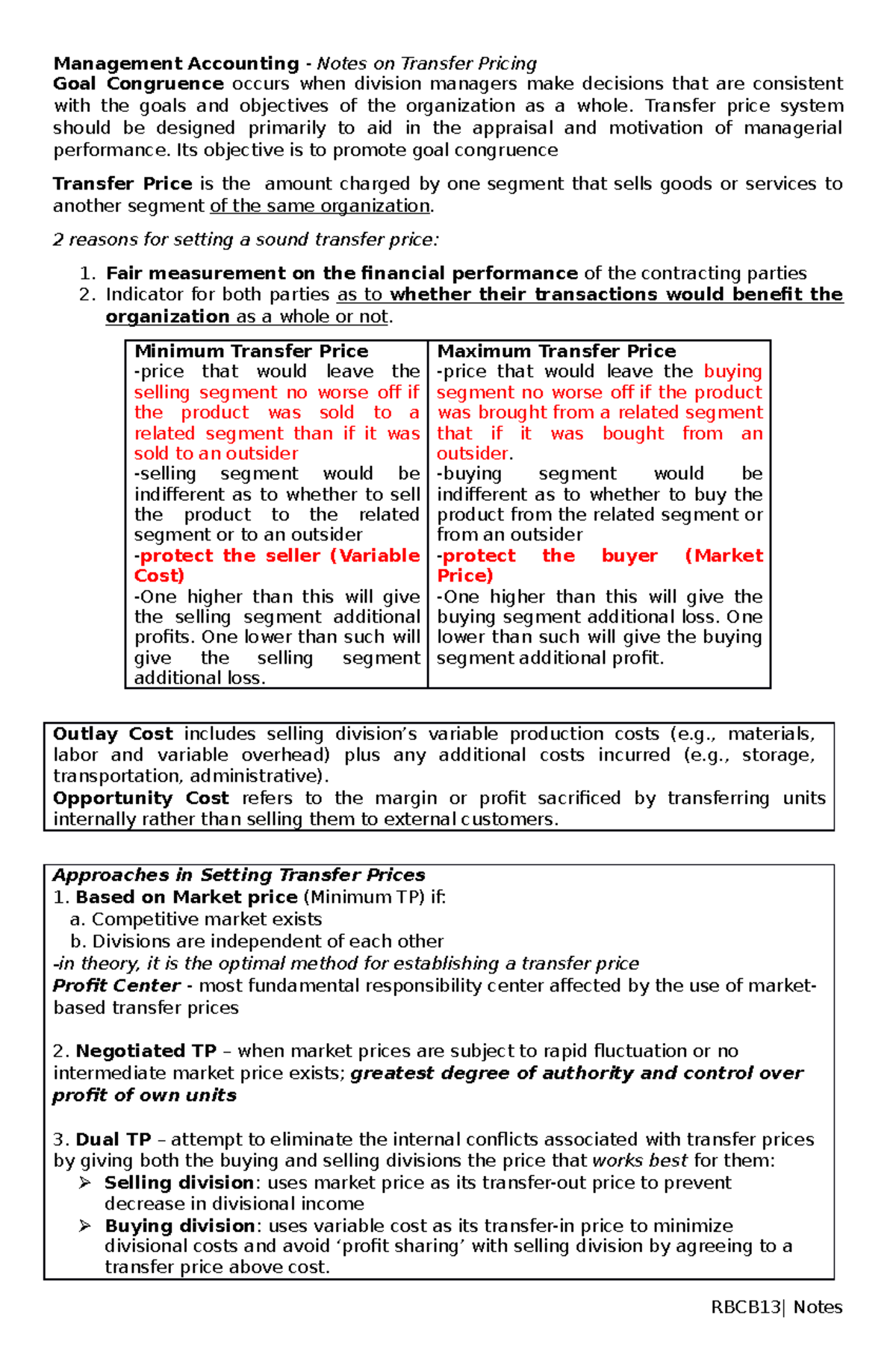 ACC 7 Transfer Pricing (Study Pool) Management Accounting Notes