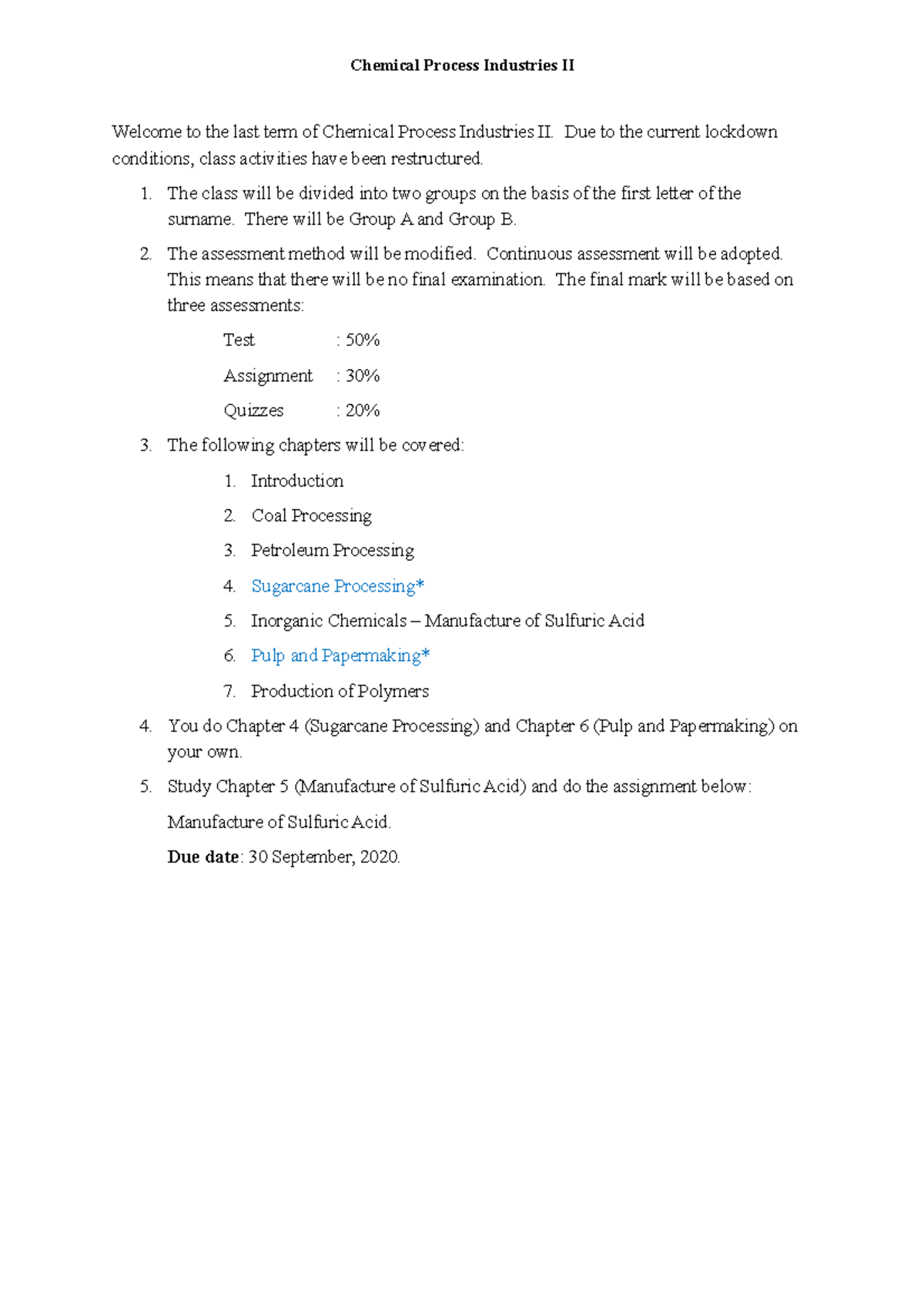 1. Course Adjustments - Lecture notes 1 - Chemical Process Industries ...
