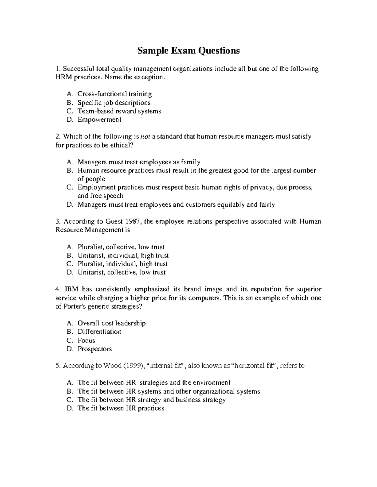 Test / practice exam 2010 questions Sample Exam Questions Successful total quality management