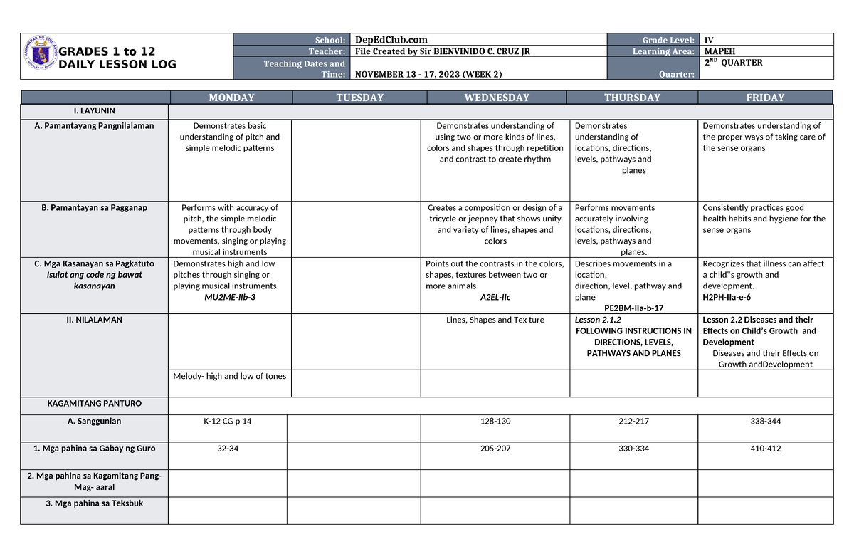 DLL Mapeh 4 Q1 W4 - GRADES 1 to 12 DAILY LESSON LOG School: DepEdClub ...