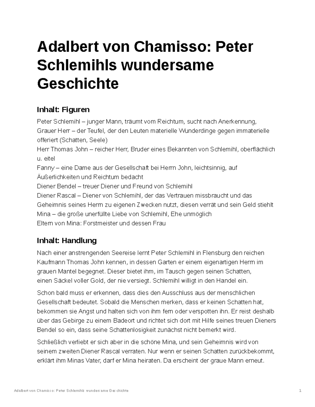 Adelbert Von Chamisso Peter Schlemihls Wundersame Geschichte Inhaltsangabe