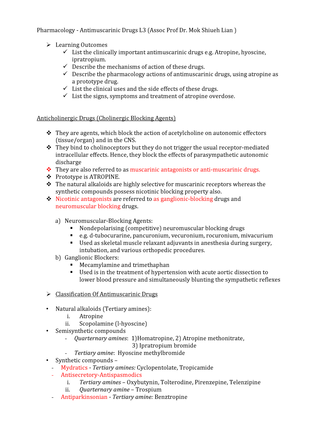 Pharmacology - Antimuscarinic Drugs L3 - Mok Shiueh Lian ) Ø Learning ...