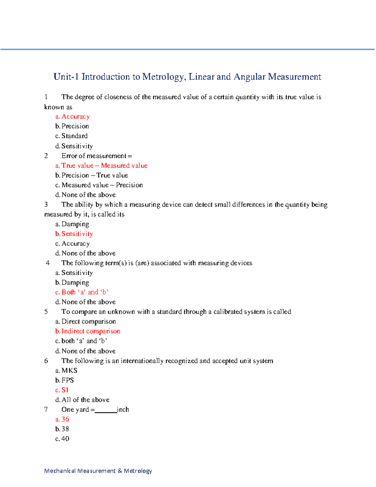 Mcq Of Mechanical Measurement And Metrology3141901 Mechanical