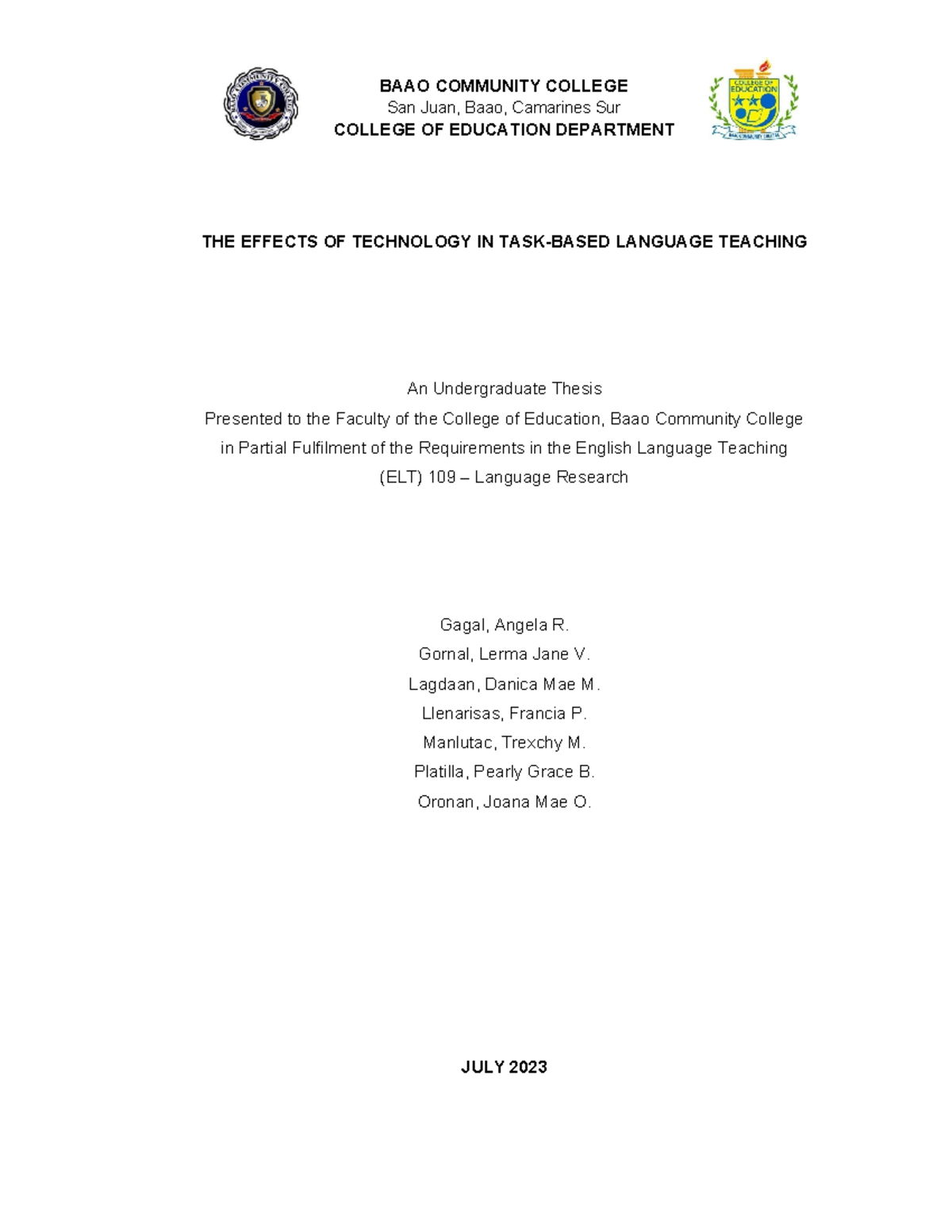 The Effects Of Technologogy In Tblt San Juan Baao Camarines Sur College Of Education 6978