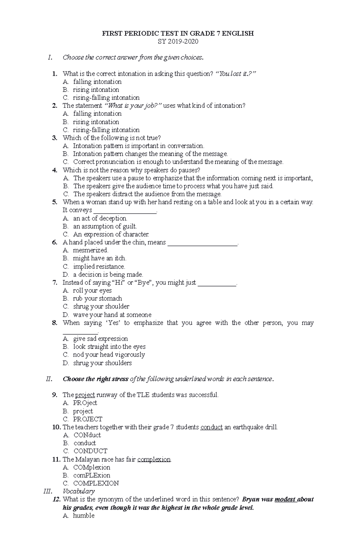 1st Periodic Test - English 7 - FIRST PERIODIC TEST IN GRADE 7 ENGLISH ...
