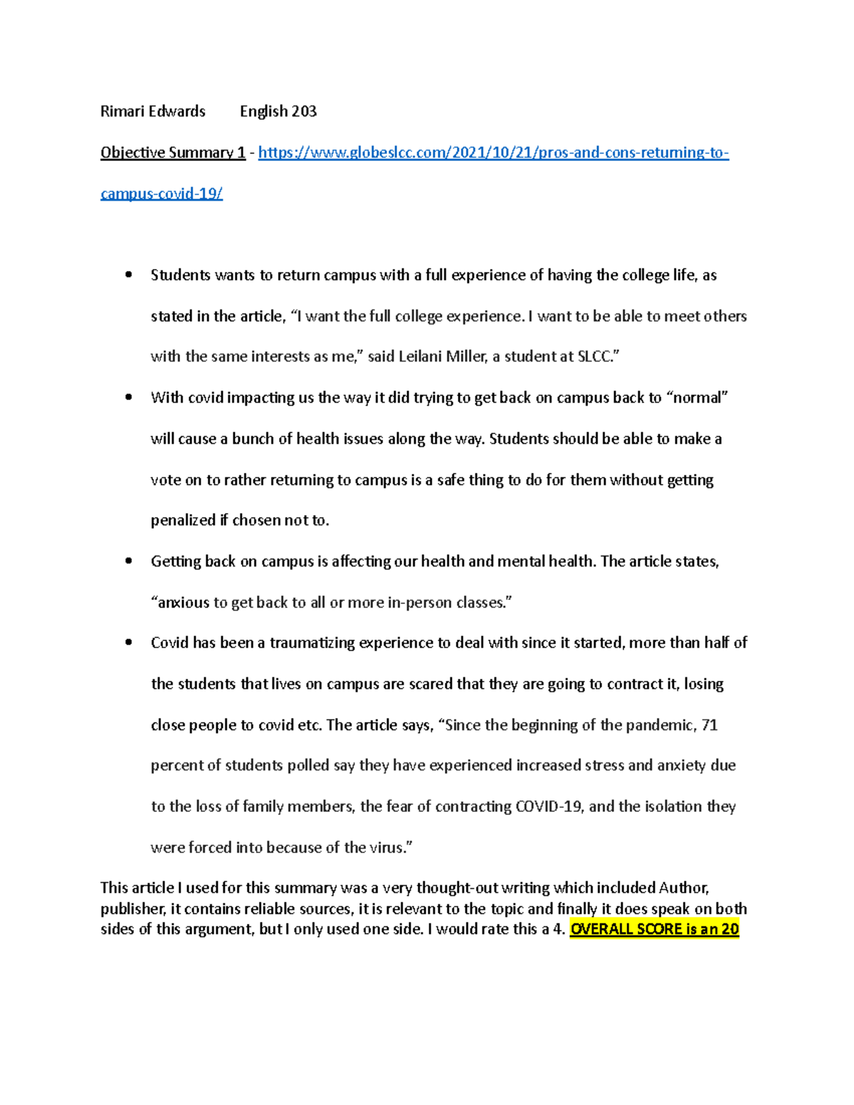 Objective SummariesEnglish 203 Rimari Edwards English 203 Objective