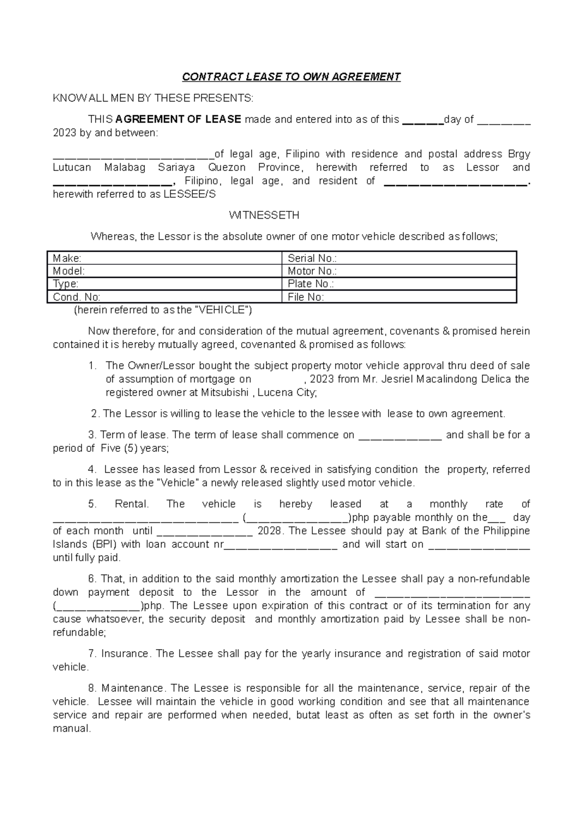 Contract Lease TO OWN Agreement G4 GLS CONTRACT LEASE TO OWN