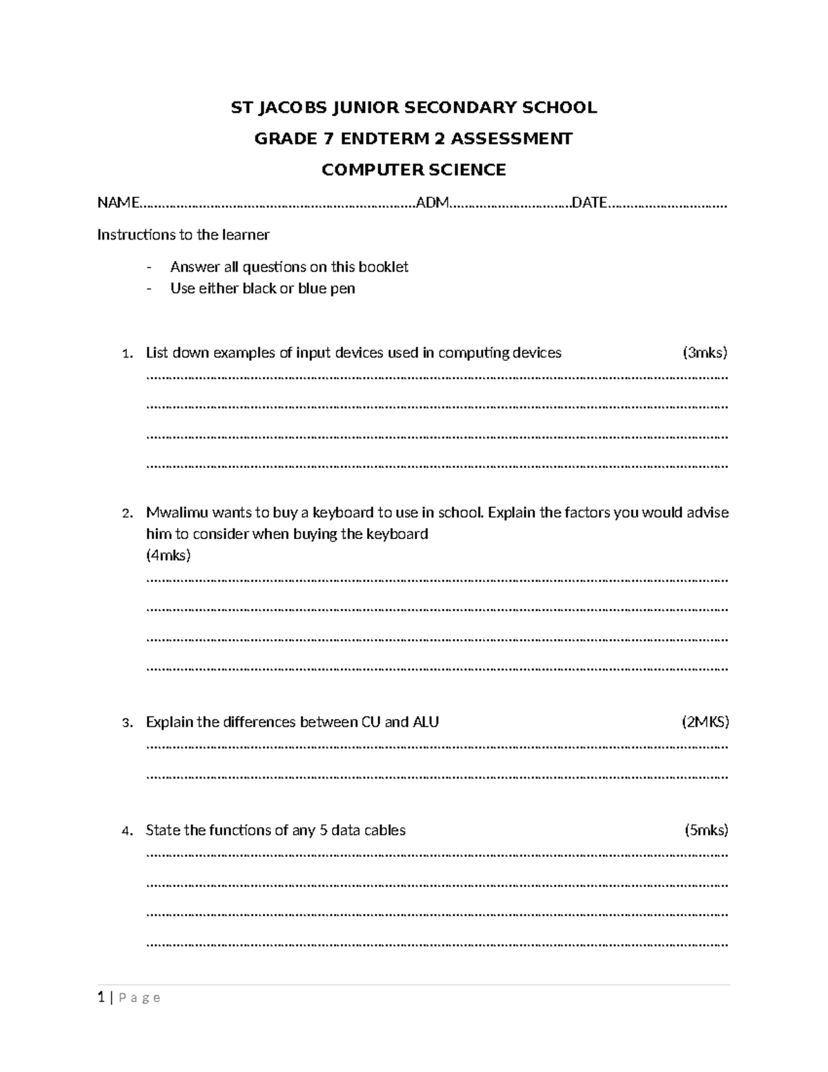 Comp scie grade 7 - Done - ST JACOBS JUNIOR SECONDARY SCHOOL GRADE 7 ...