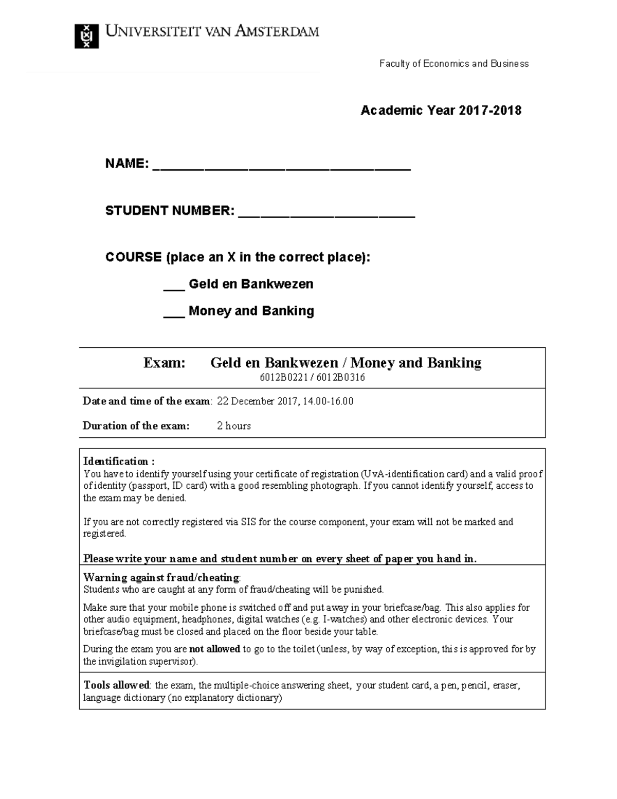 5 Exam 22 dec 2017 exam midterm money and banking Money and