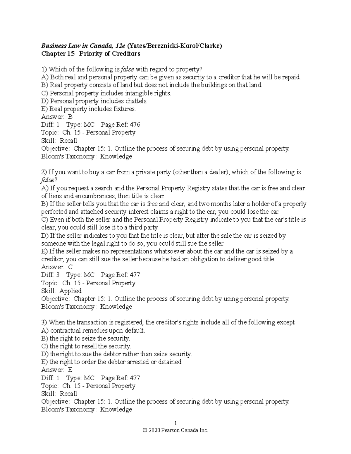 Test bank Answers Chapter 15 - Business Law in Canada, 12e (Yates ...