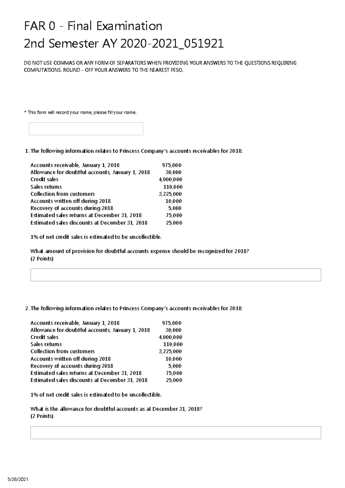 FAR 0 FTE 2nd Sem AY2021 ACCOUNTING PEROID - FAR 0 - Final Examination ...