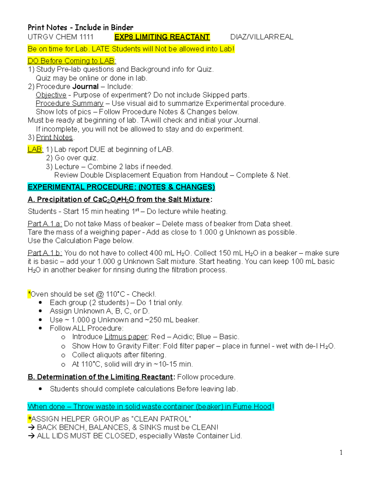 3 Utrgv Print Notes EXP8 Limiting Reactant - UTRGV CHEM 1111 EXP8 ...