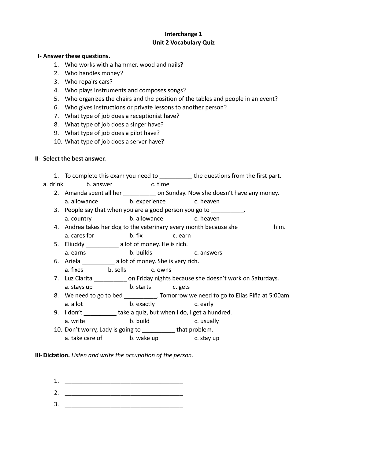 Unit 2 Vocabulary Quiz-1 - Interchange 1 Unit 2 Vocabulary Quiz I ...