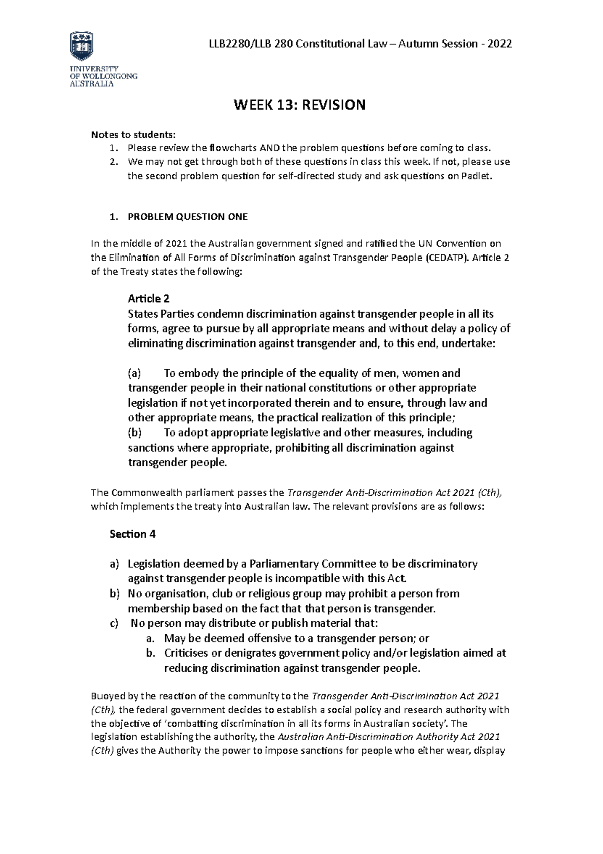 LLB280 Week 13 - Seminar 2022 - LLB2280/LLB 280 Constitutional Law ...