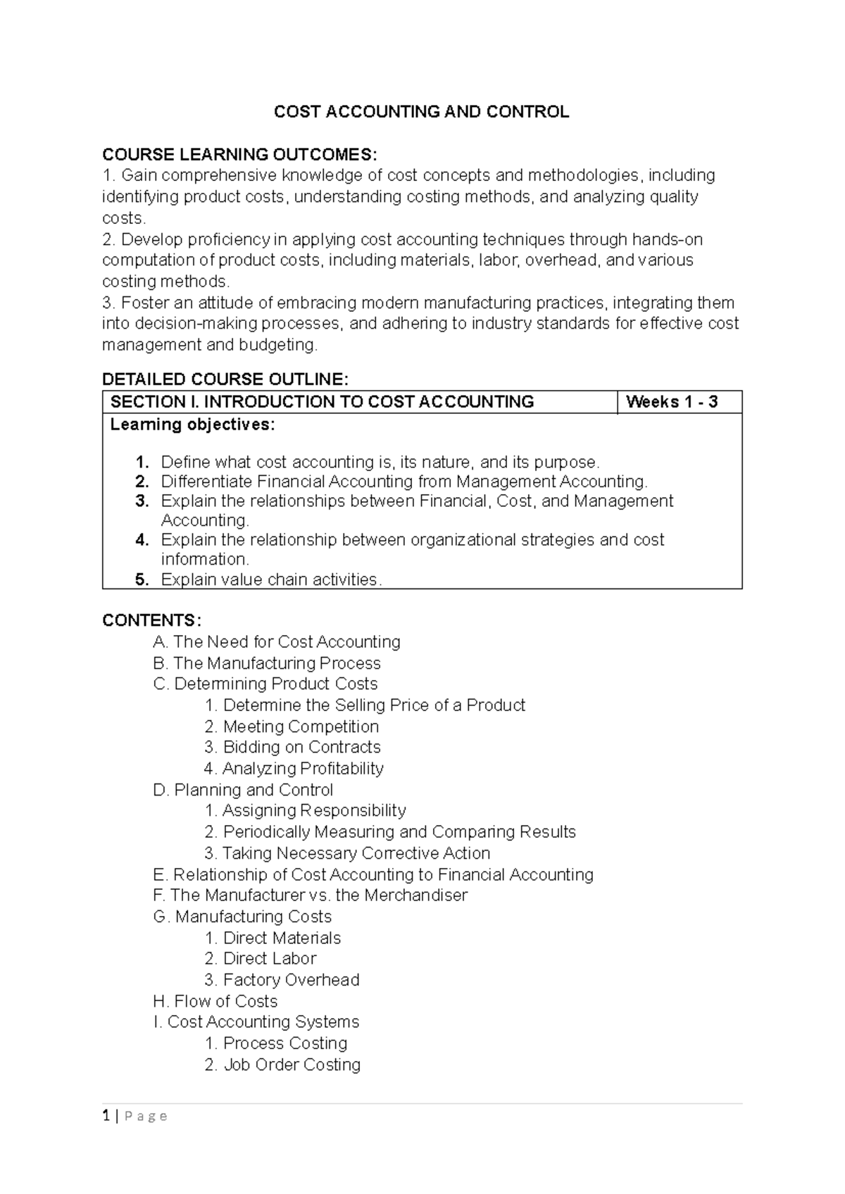 Detailed Course Outline Cost Accounting And Control Cost Accounting