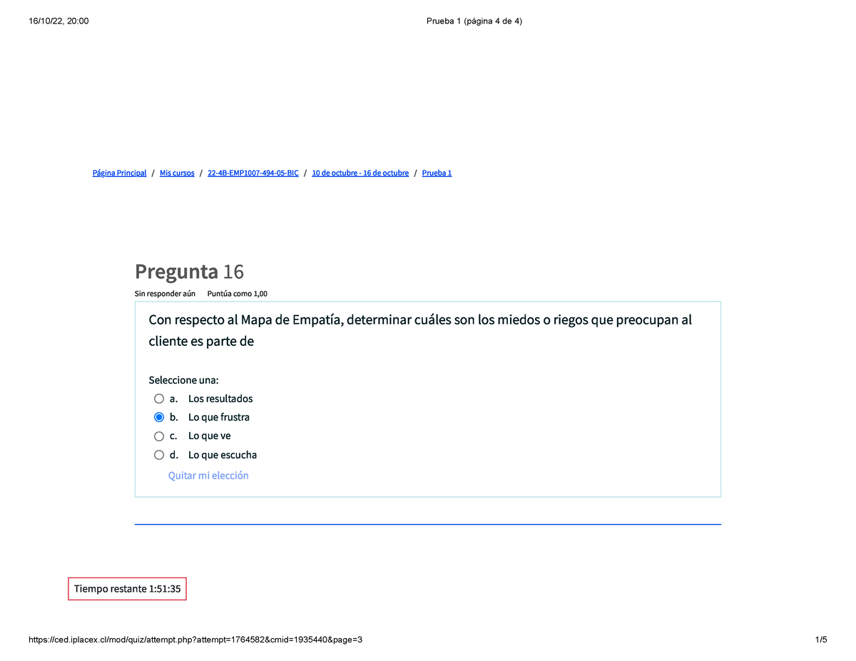 Prueba 1 Emprendimiento - Página Principal / Mis Cursos / 22-4B-EMP1007 ...