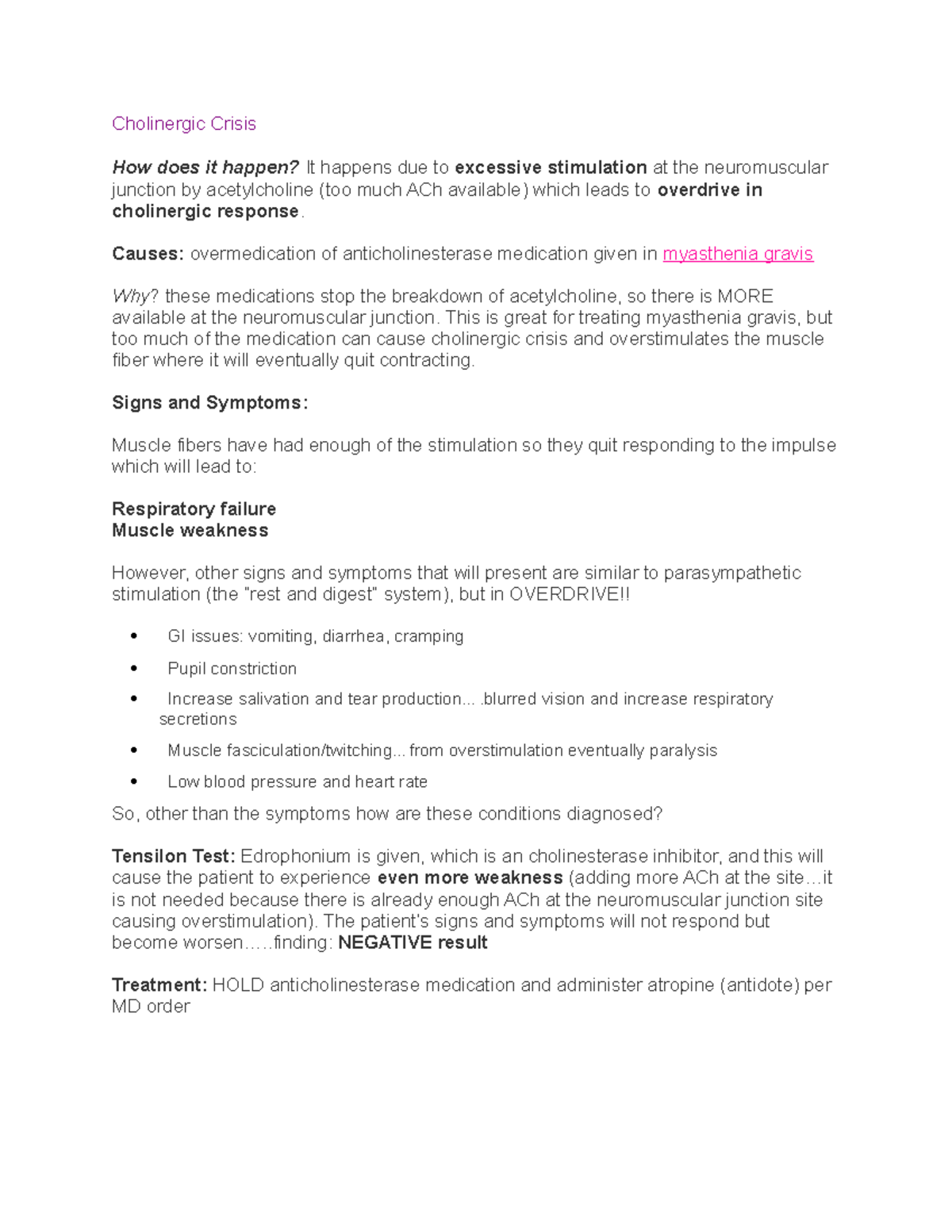 Cholinergic Crisis vs Myasthenic Crisis - Cholinergic Crisis How does ...