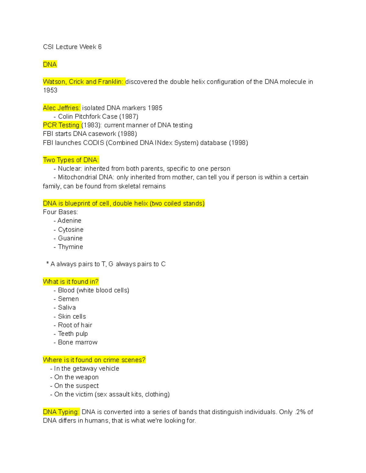 CSI Lecture Notes - Week 6 - CSI Lecture Week 6 DNA Watson, Crick and ...