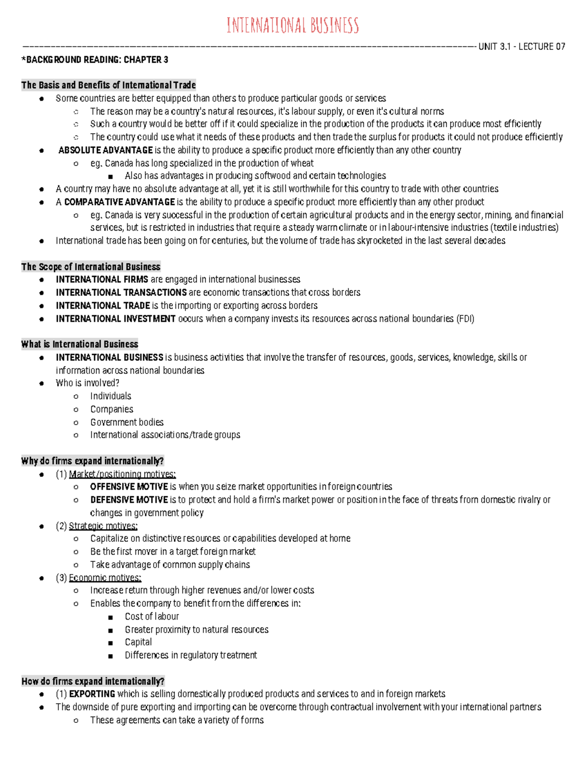 BUS 1201 - Chapter 3 (Lecture) - INTERNATIONAL BUSINESS - UNIT 3 ...