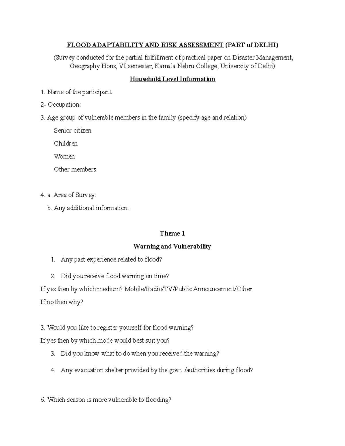 Questionnaire Flood Theme1 FLOOD ADAPTABILITY AND RISK ASSESSMENT