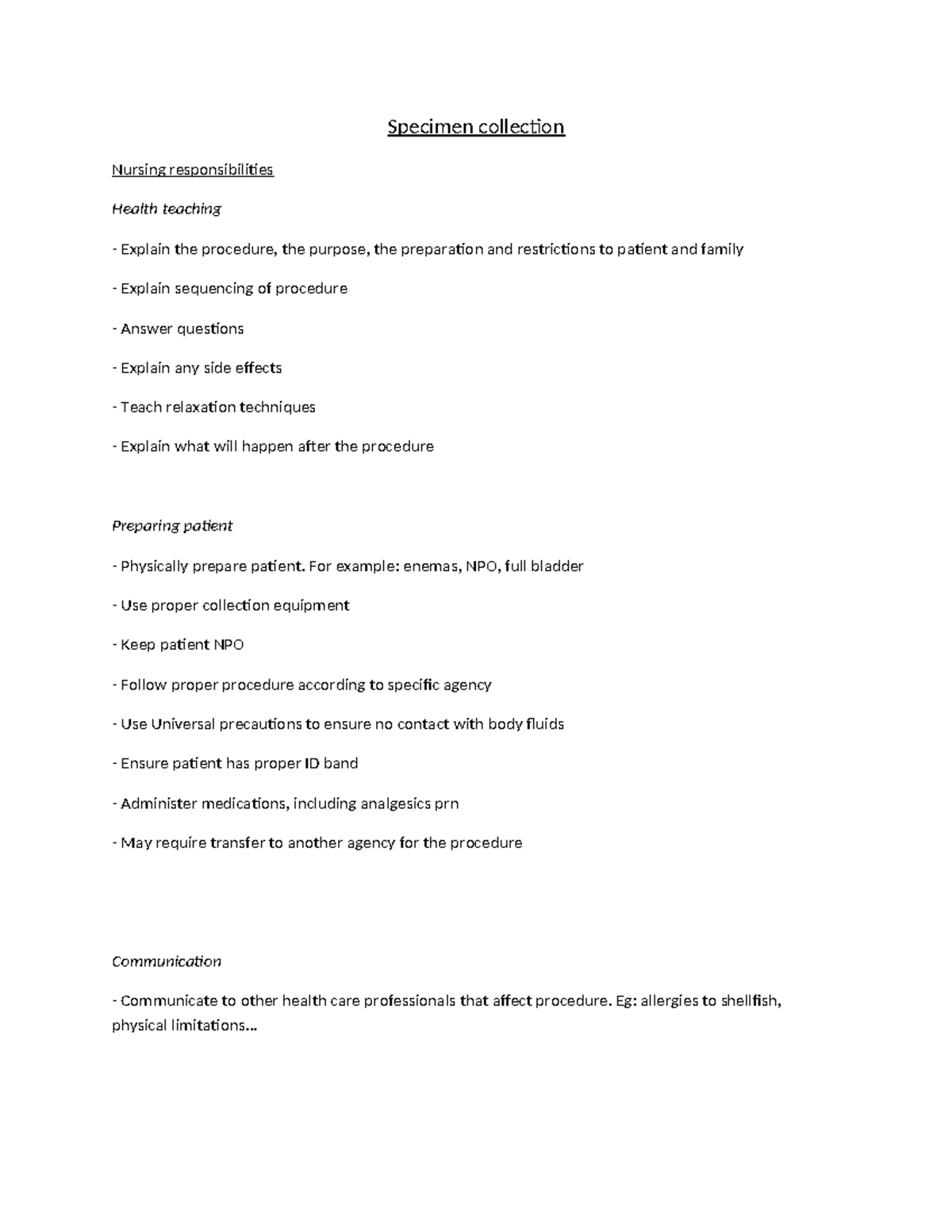 Specimen collection worksheet Specimen collection Nursing responsibilities Health teaching