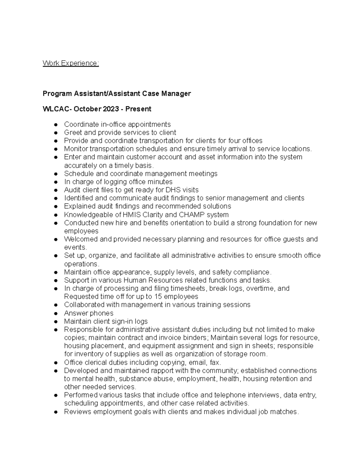 Attachment 2 - Work Experience: Program Assistant/Assistant Case ...