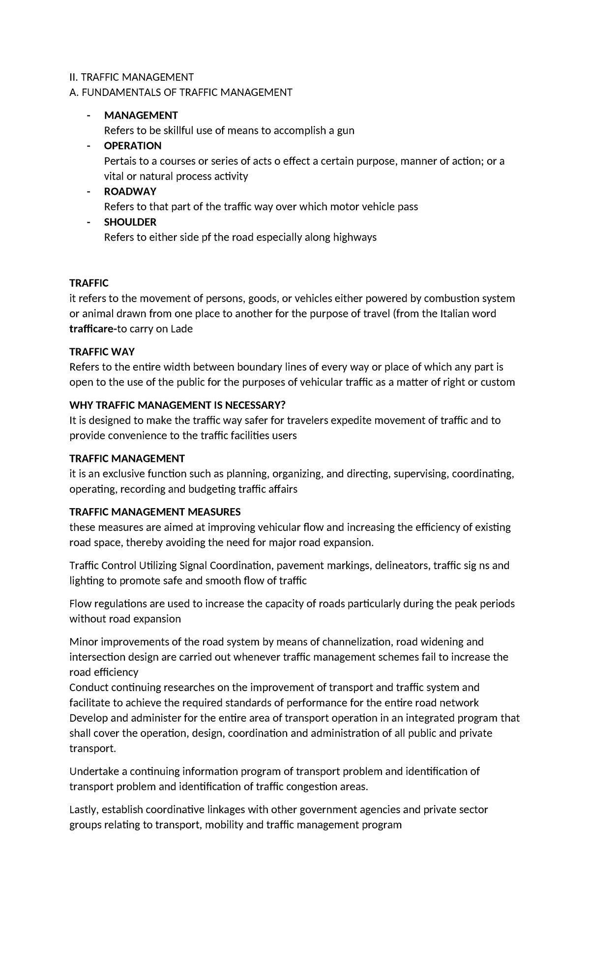 Traffic 2nd discussion - II. TRAFFIC MANAGEMENT A. FUNDAMENTALS OF ...